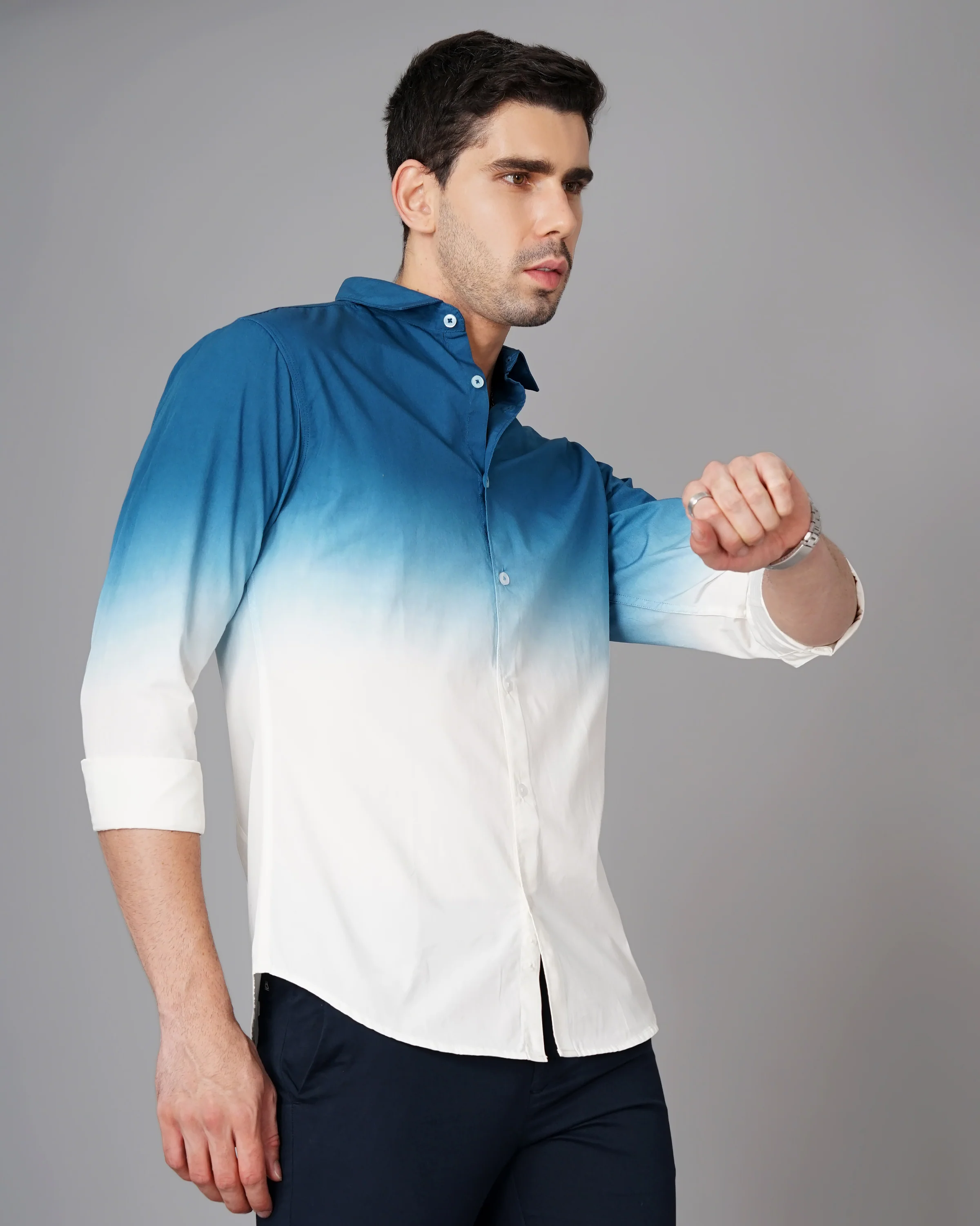 Men Teal Cotton Slim Shirt - Image 5