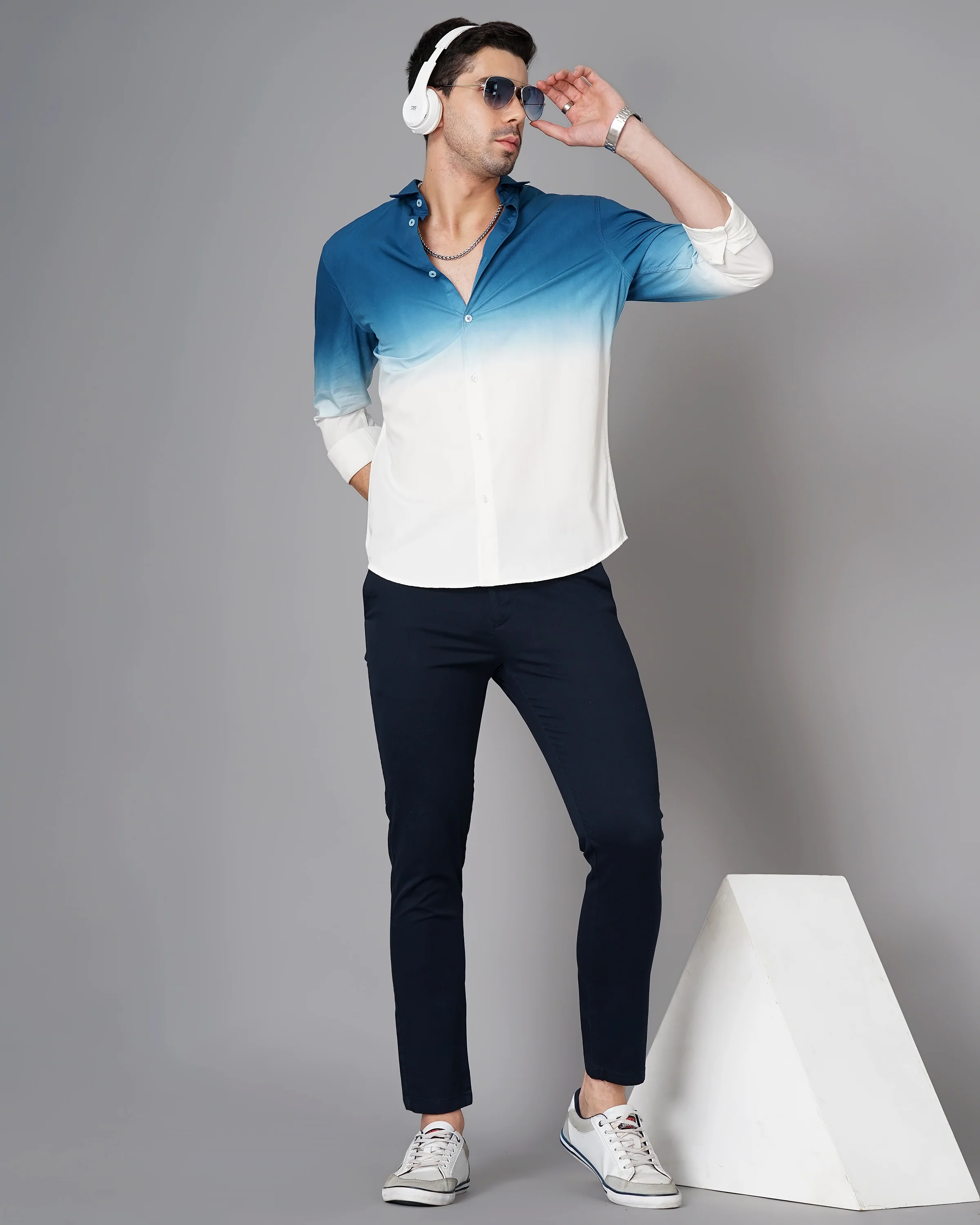 Men Teal Cotton Slim Shirt - Image 6