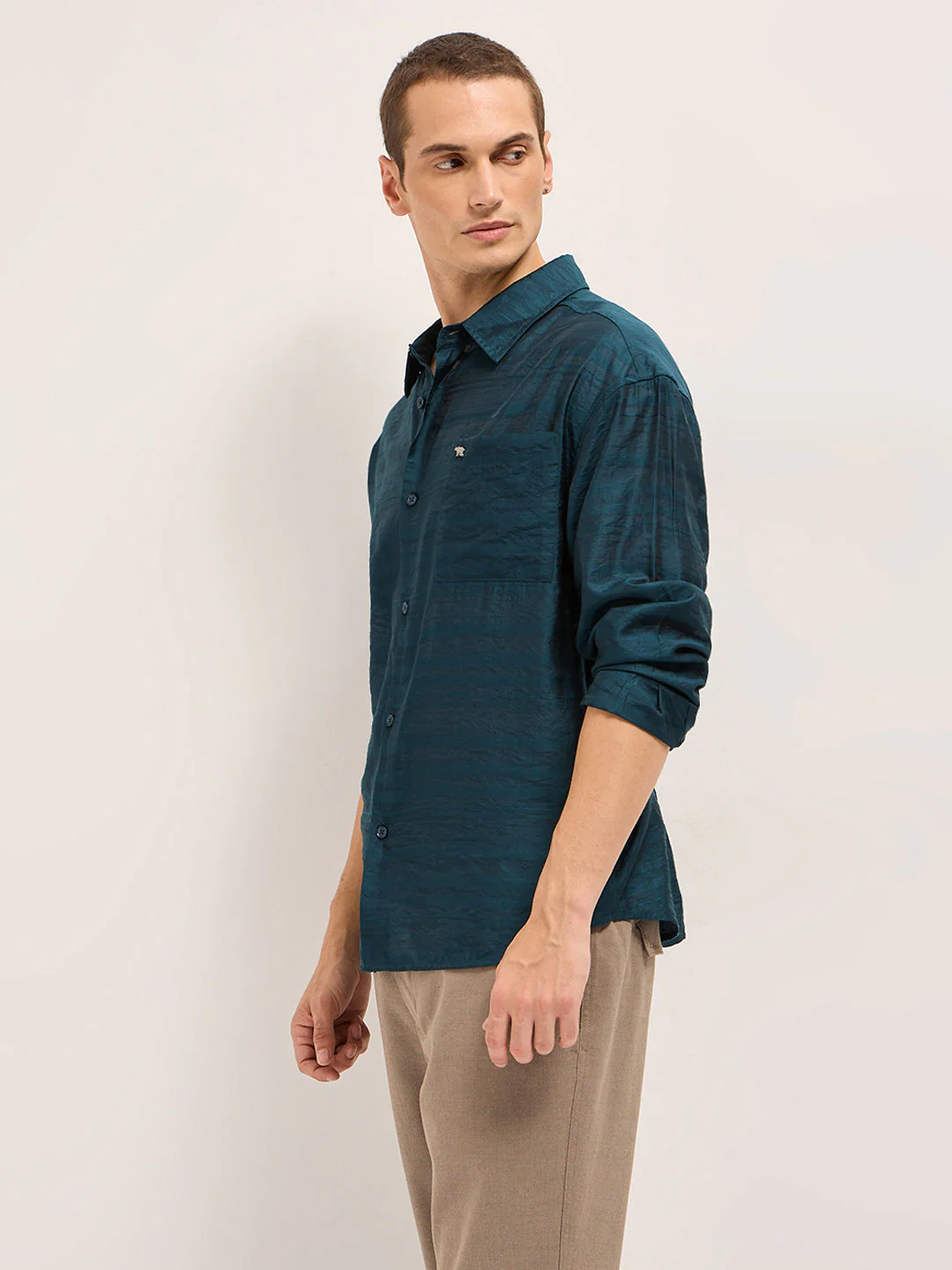 Men Teal Crinkled Horizontal Textured Stripe Relaxed Fit Casual Shirt - Image 3