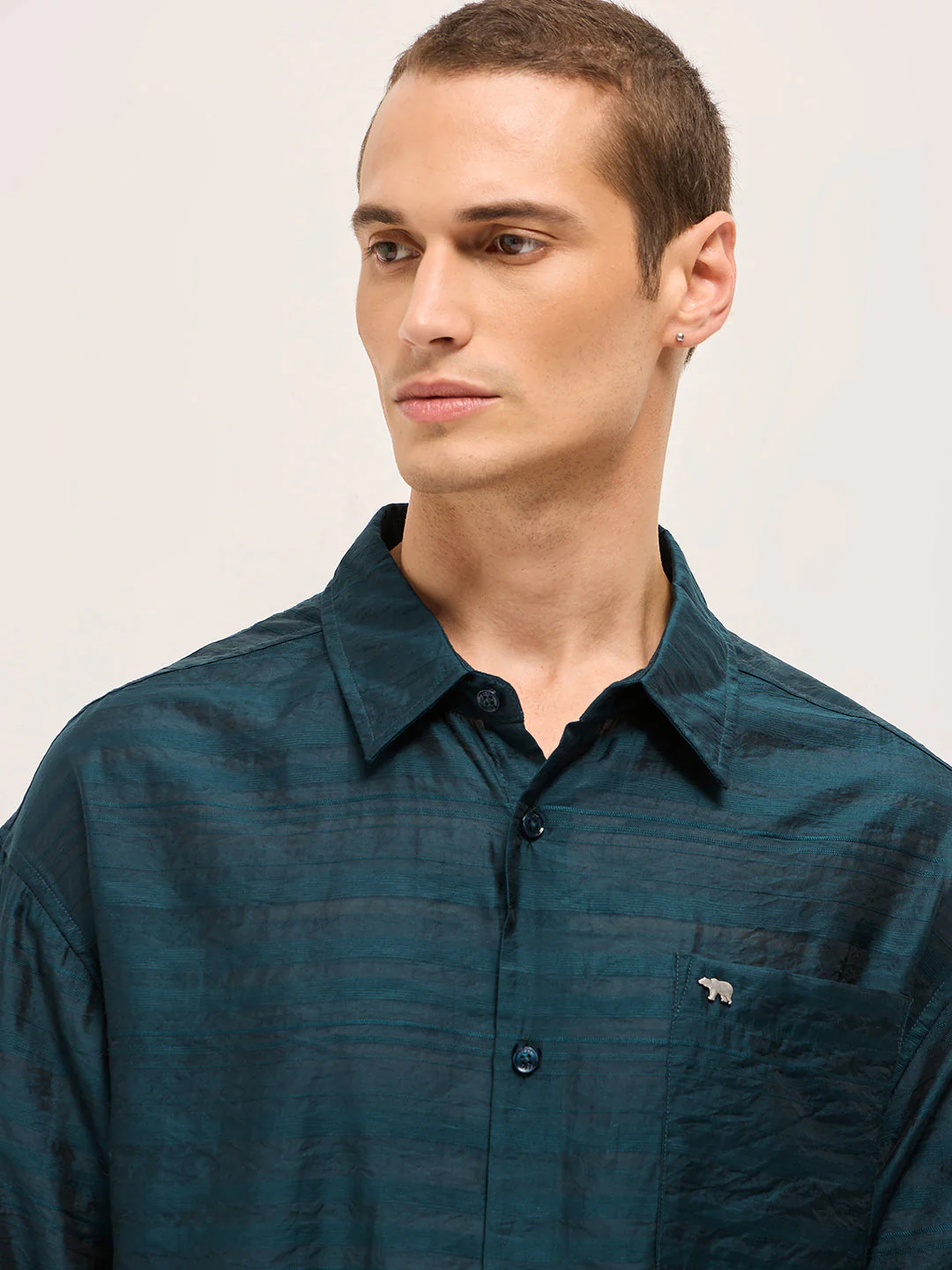 Men Teal Crinkled Horizontal Textured Stripe Relaxed Fit Casual Shirt - Image 5