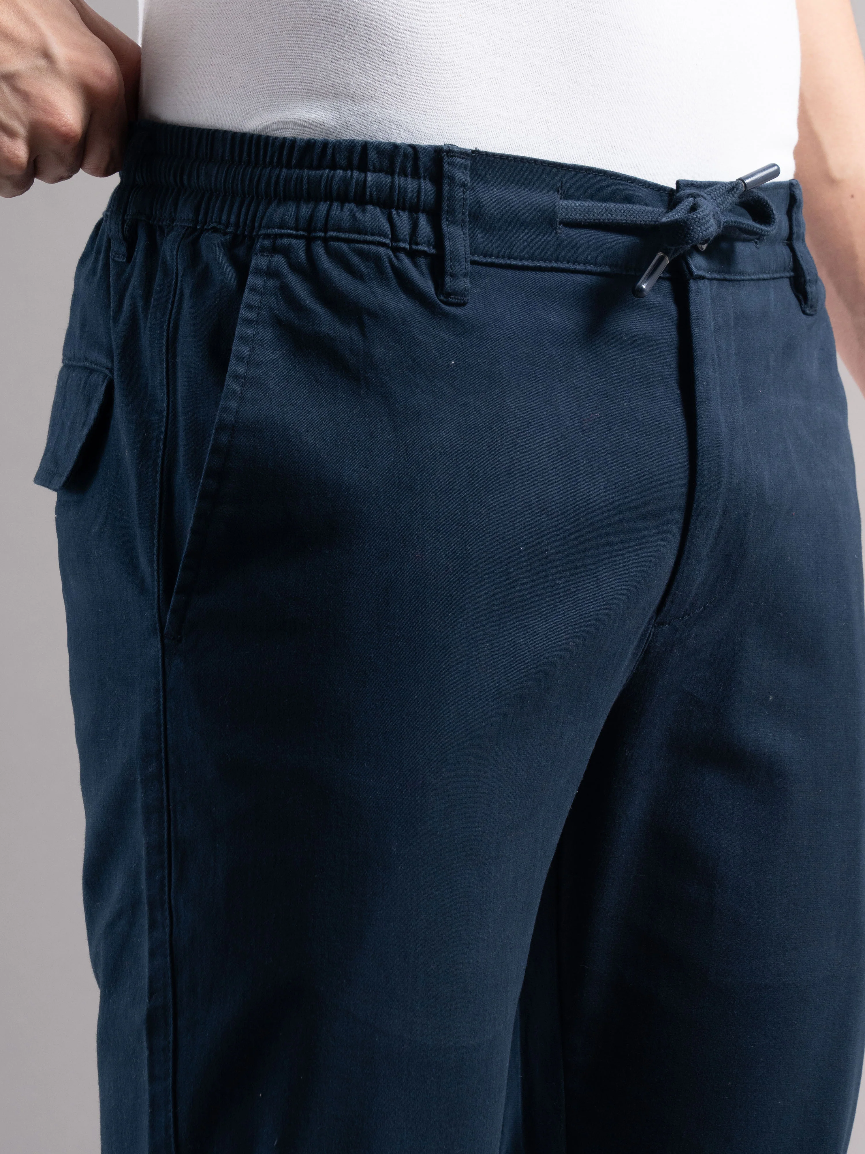 Men Teal Elastic Drawstring Trousers - Image 3
