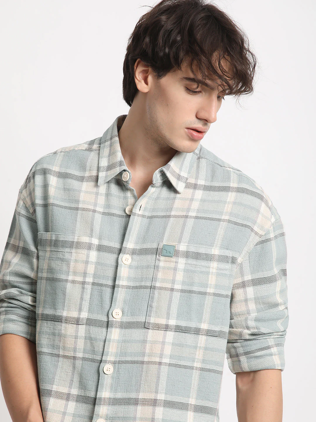 Men Teal Green Checked Relaxed Fit Casual Shacket