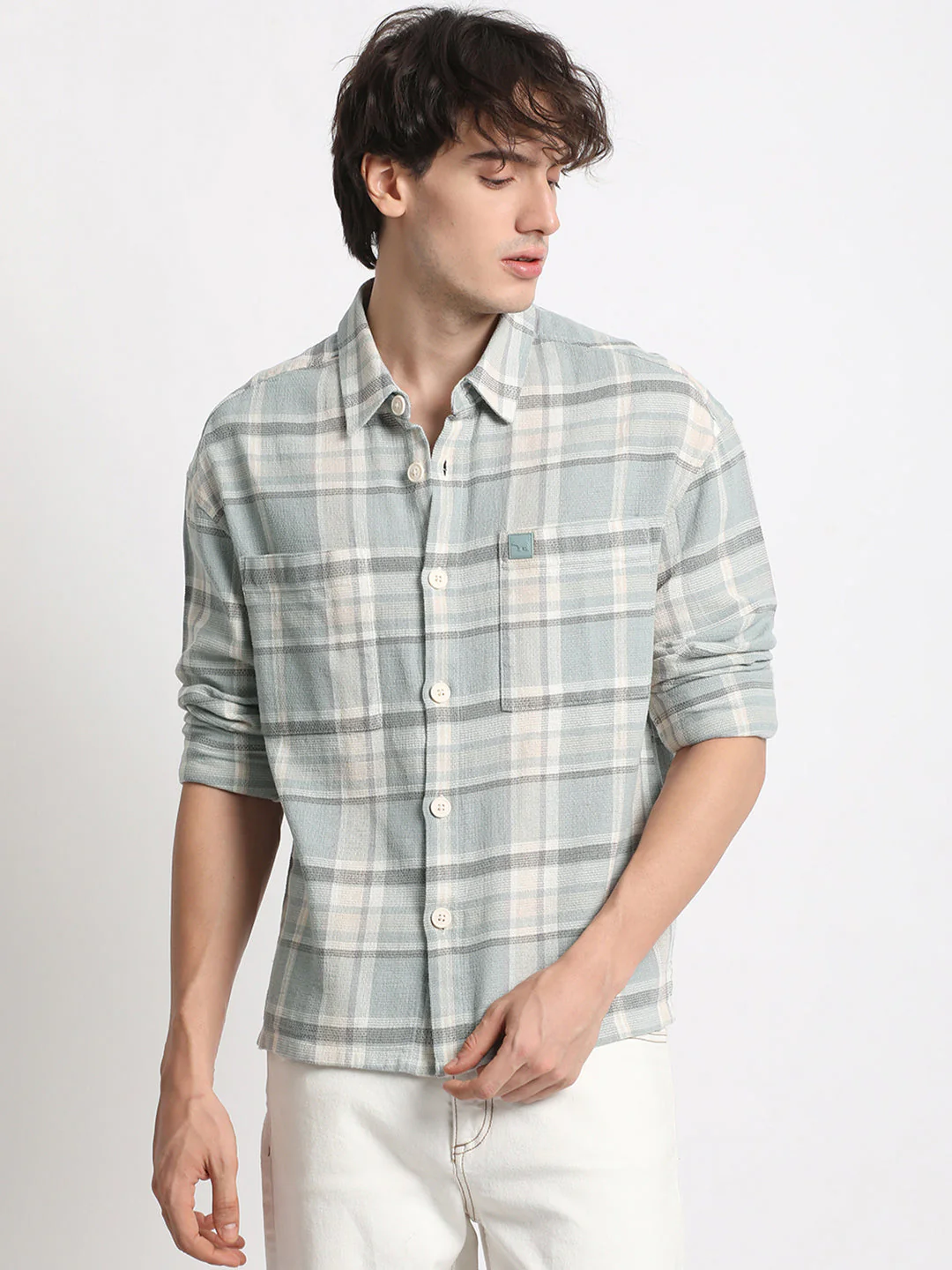 Men Teal Green Checked Relaxed Fit Casual Shacket - Image 2