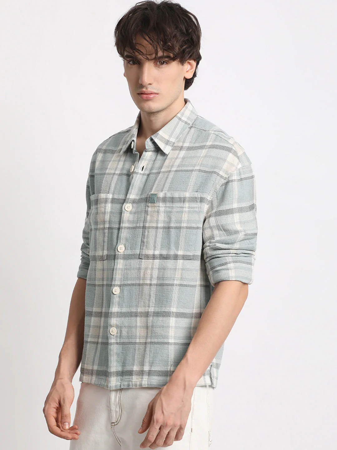 Men Teal Green Checked Relaxed Fit Casual Shacket - Image 3