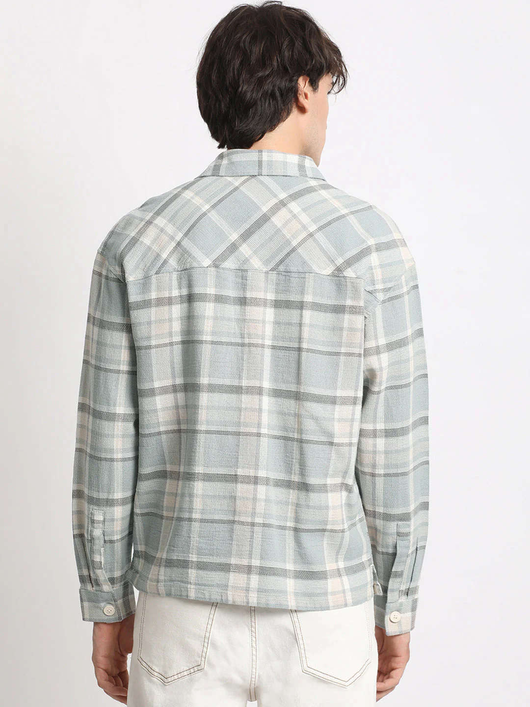 Men Teal Green Checked Relaxed Fit Casual Shacket - Image 4