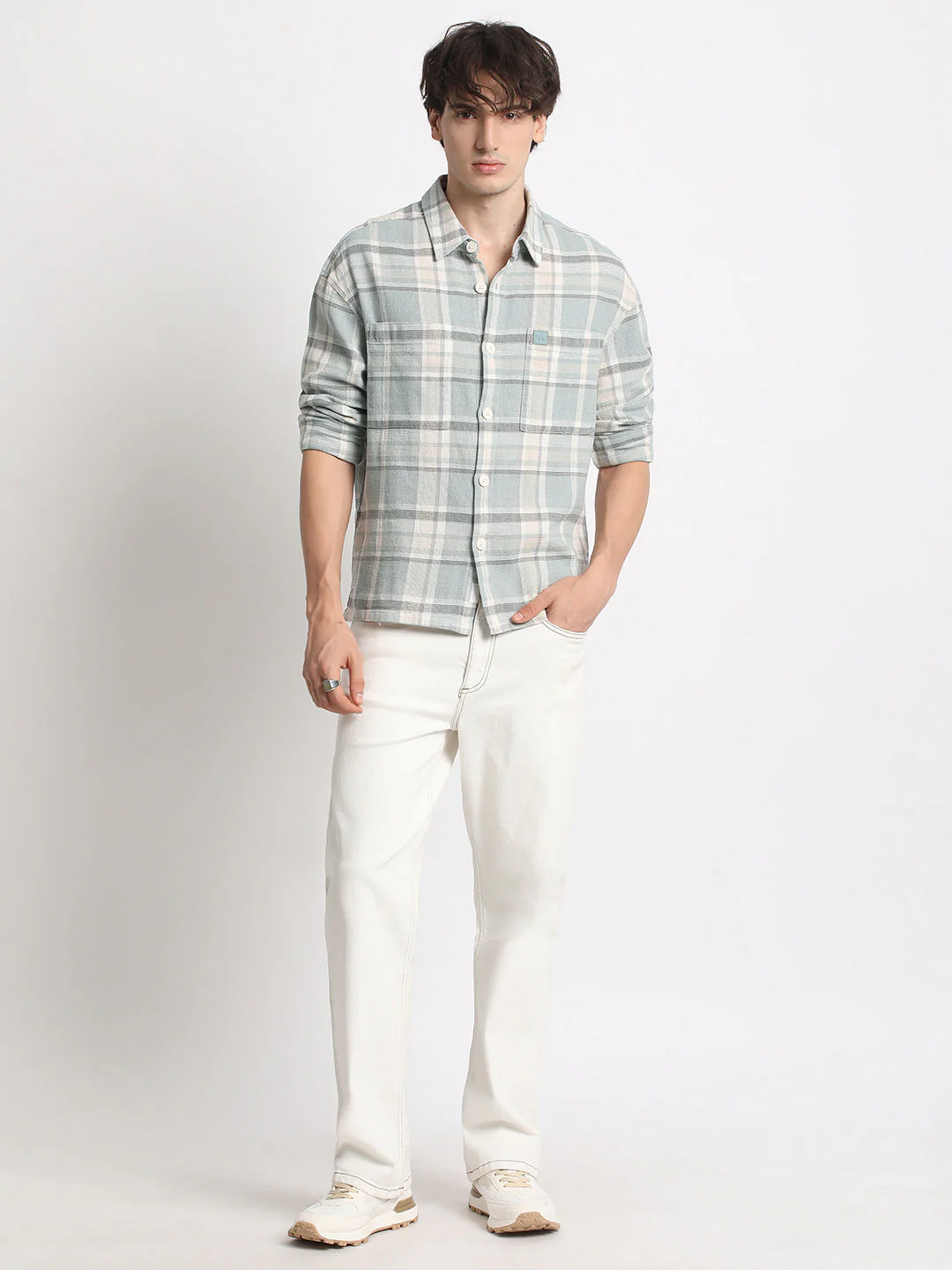 Men Teal Green Checked Relaxed Fit Casual Shacket - Image 5
