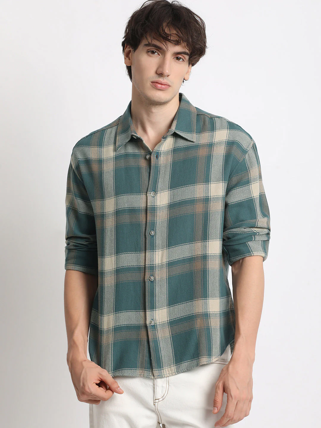 Men  Teal Green Checked Relaxed Fit Casual Shirt - Image 2