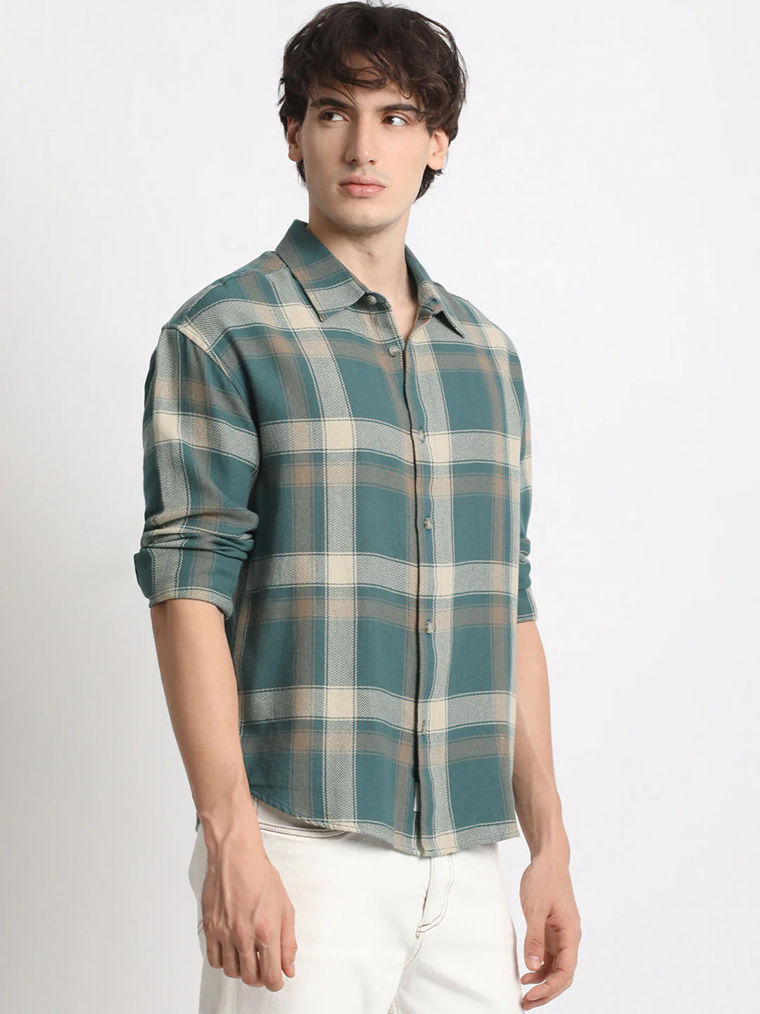 Men  Teal Green Checked Relaxed Fit Casual Shirt - Image 3