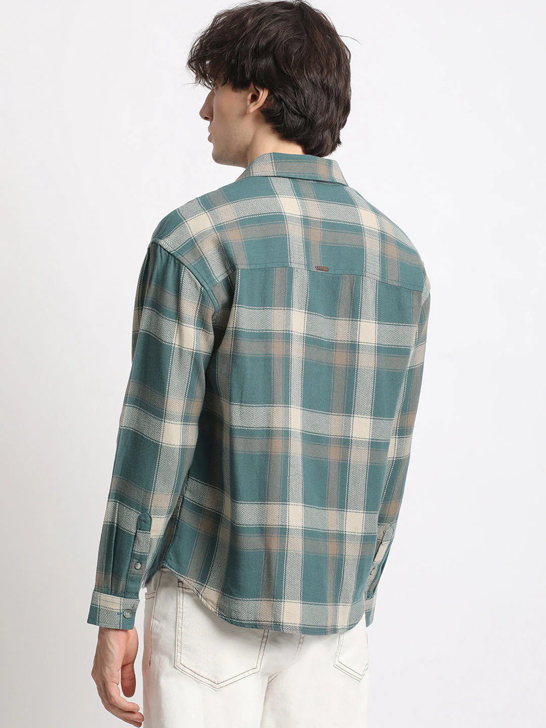 Men  Teal Green Checked Relaxed Fit Casual Shirt - Image 4