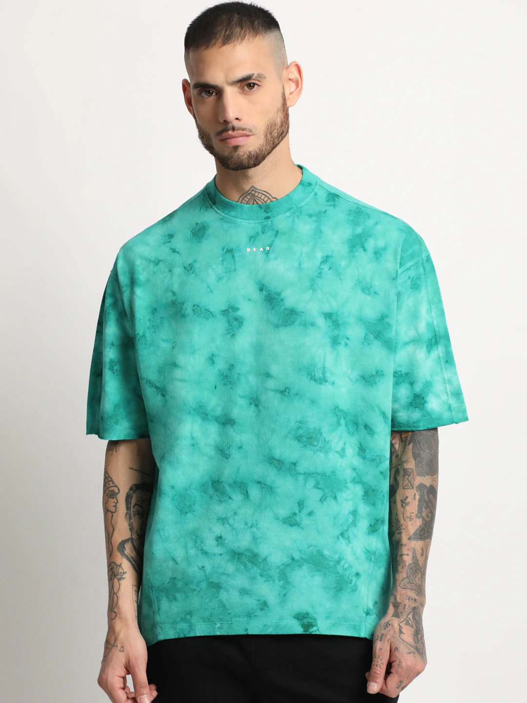 Men  Teal Green Tie & Dye Round Neck T-shirt - Image 3
