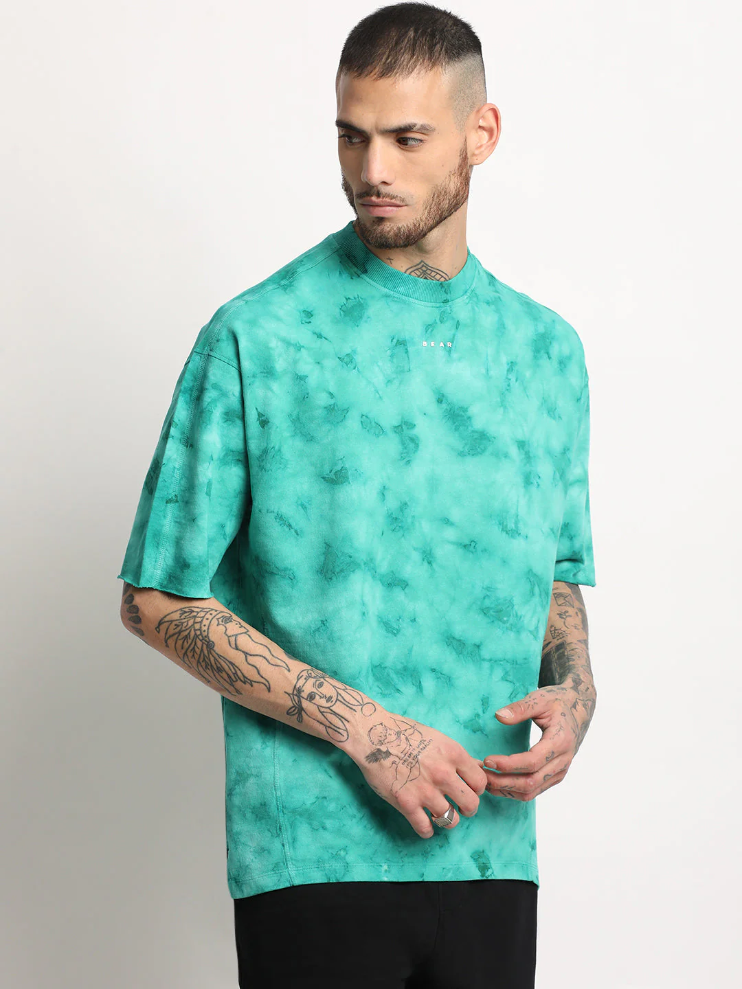 Men  Teal Green Tie & Dye Round Neck T-shirt - Image 4