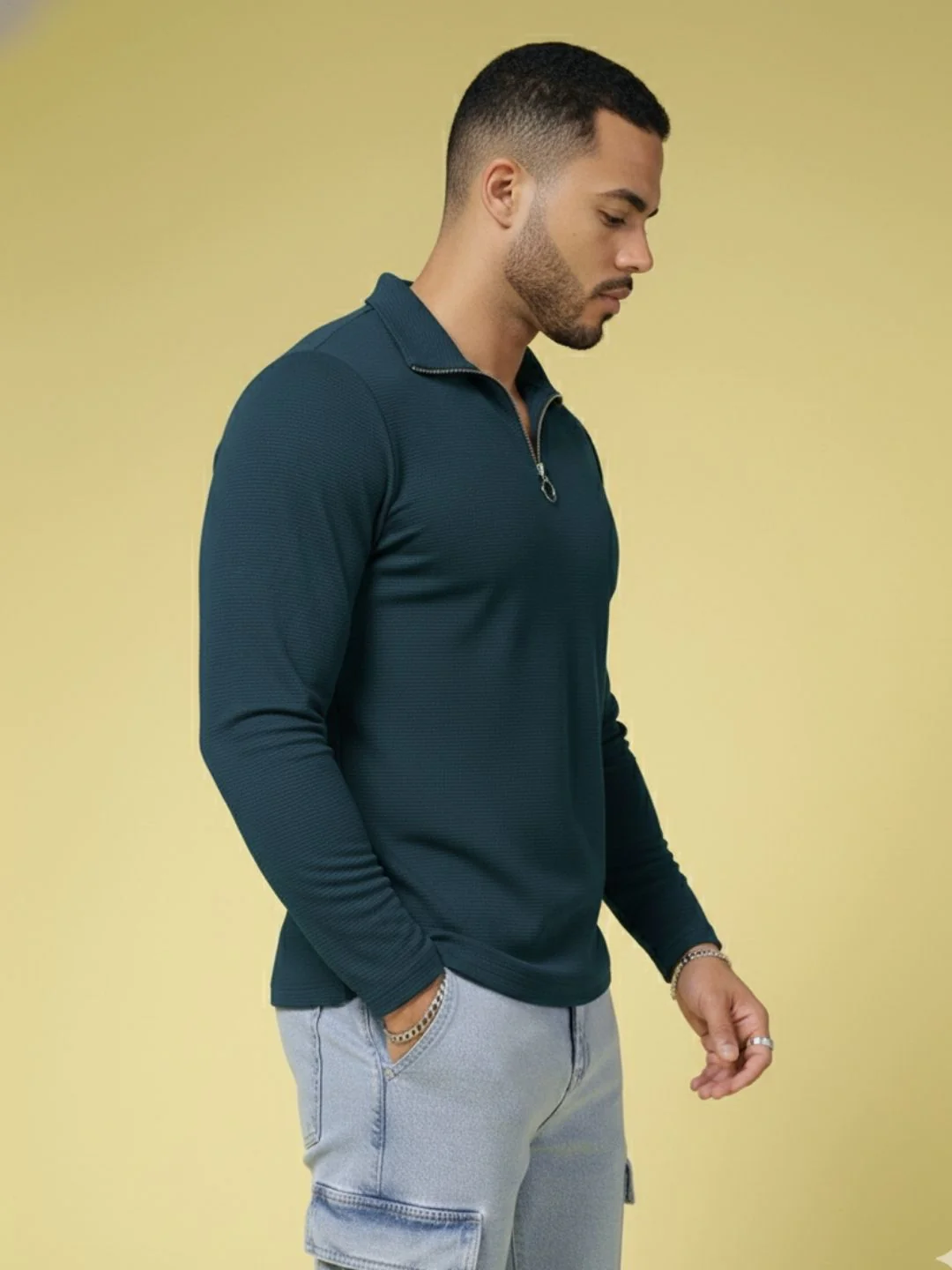 Men Teal High Neck Polyester T-Shirt - Image 5