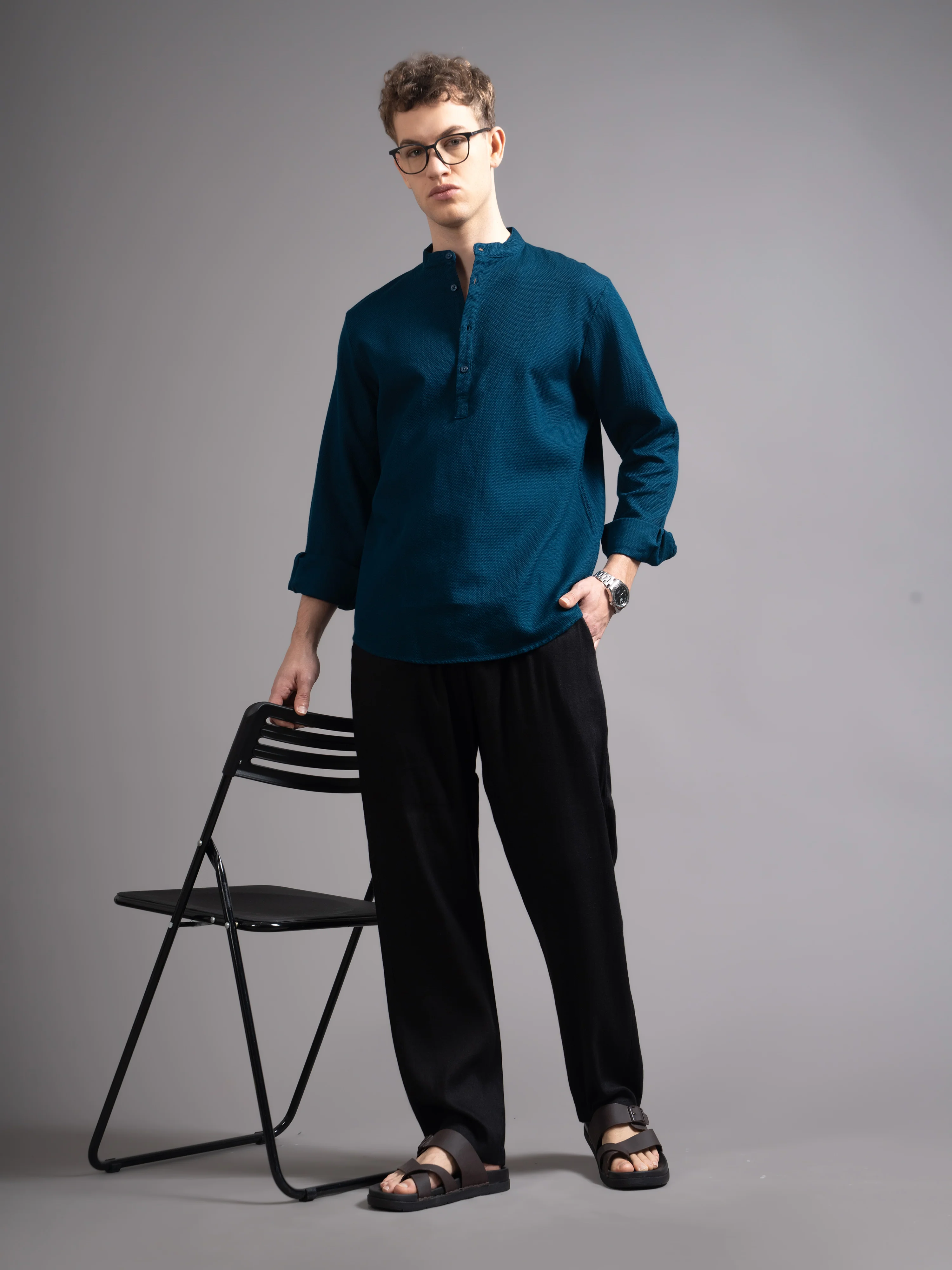 Men Teal Kurta Shirt - Image 2