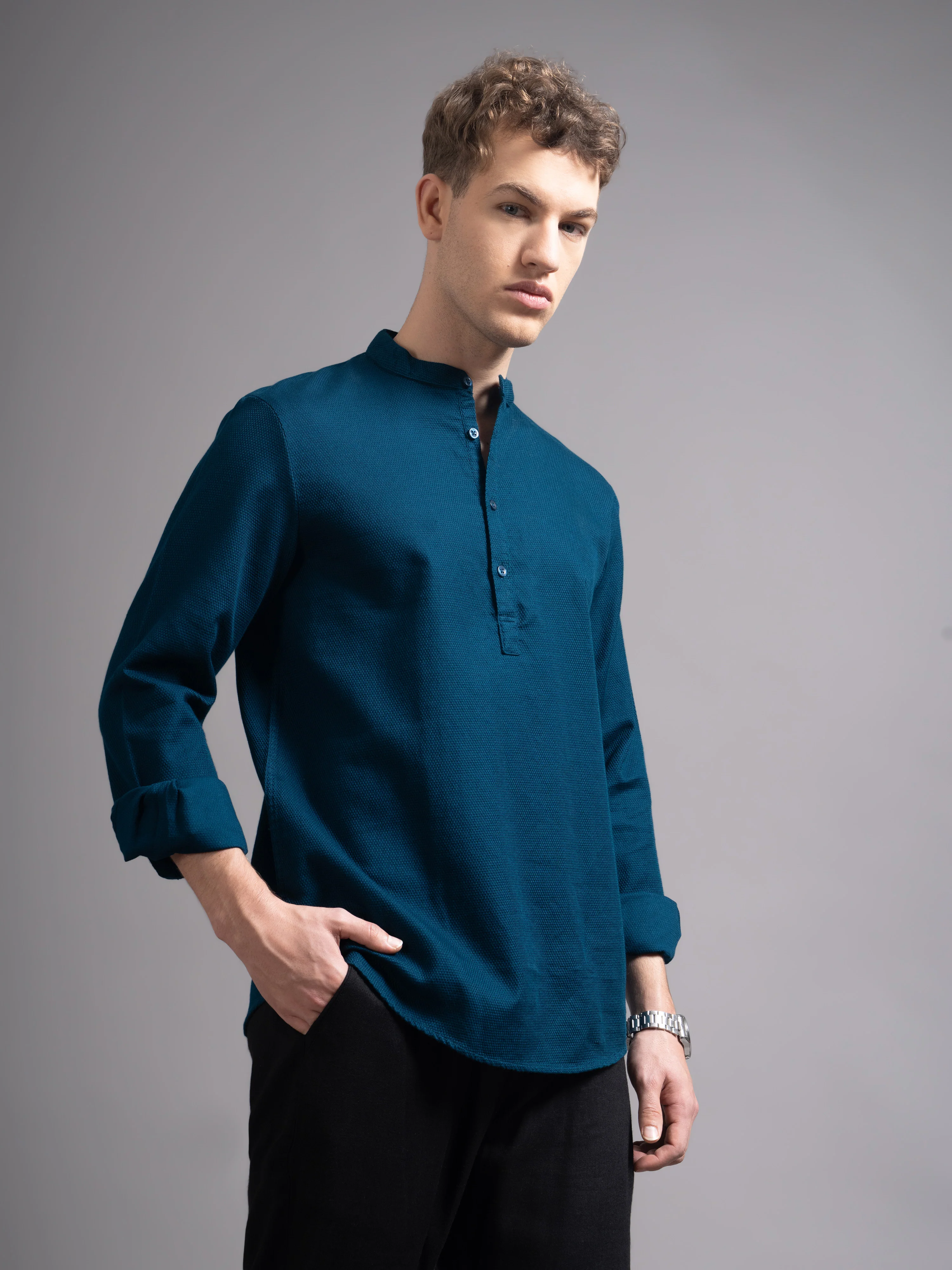 Men Teal Kurta Shirt - Image 3