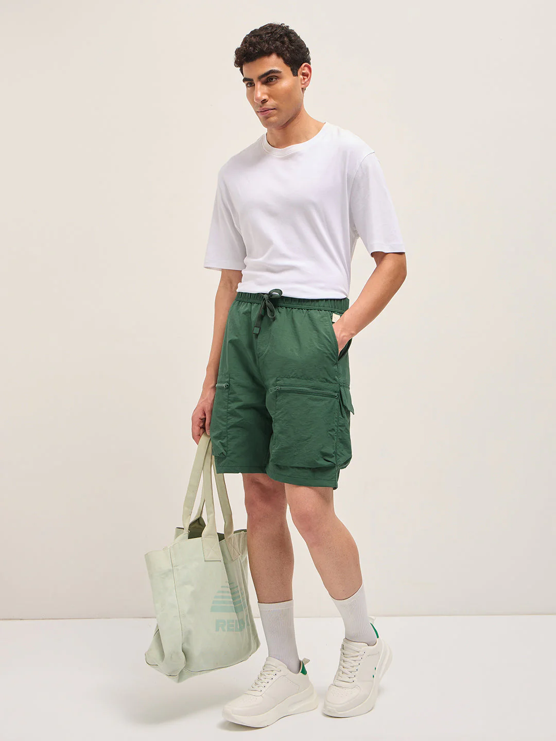 Men Teal Polyester Regular Fit Knee-Length Cargo Shorts - Image 4