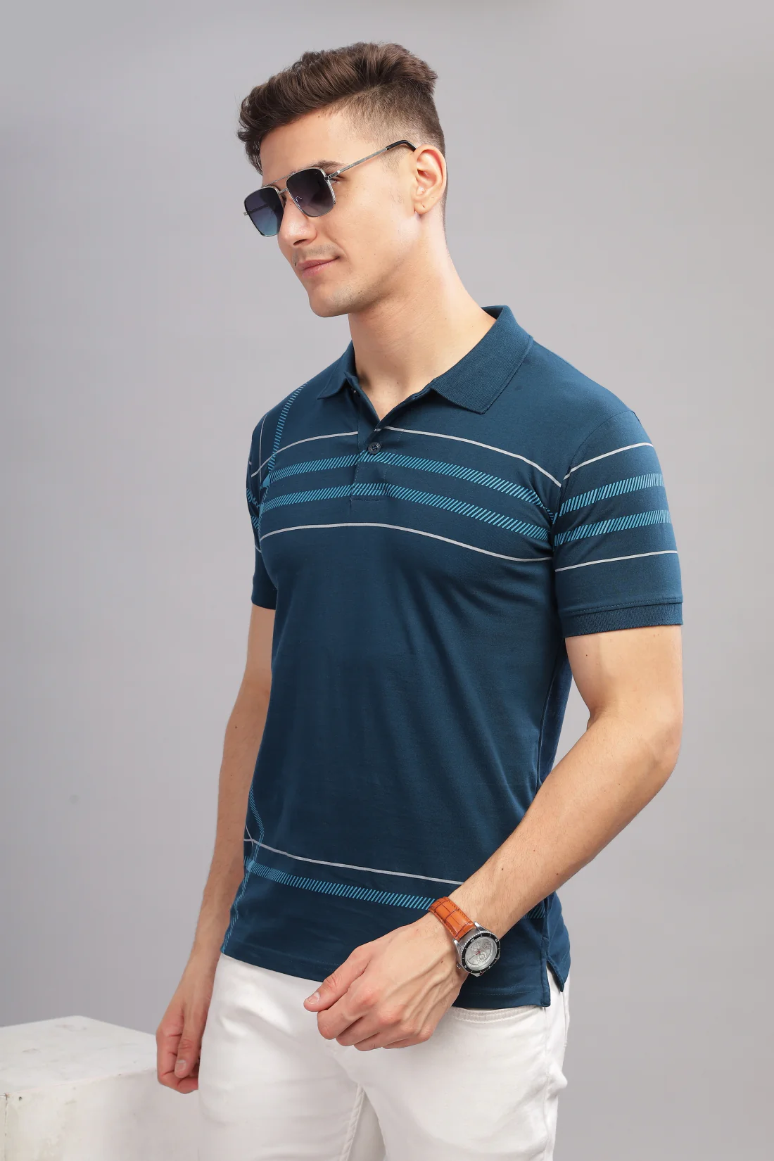 Men Teal Regular Fit Polo T-Shirt - Image 5