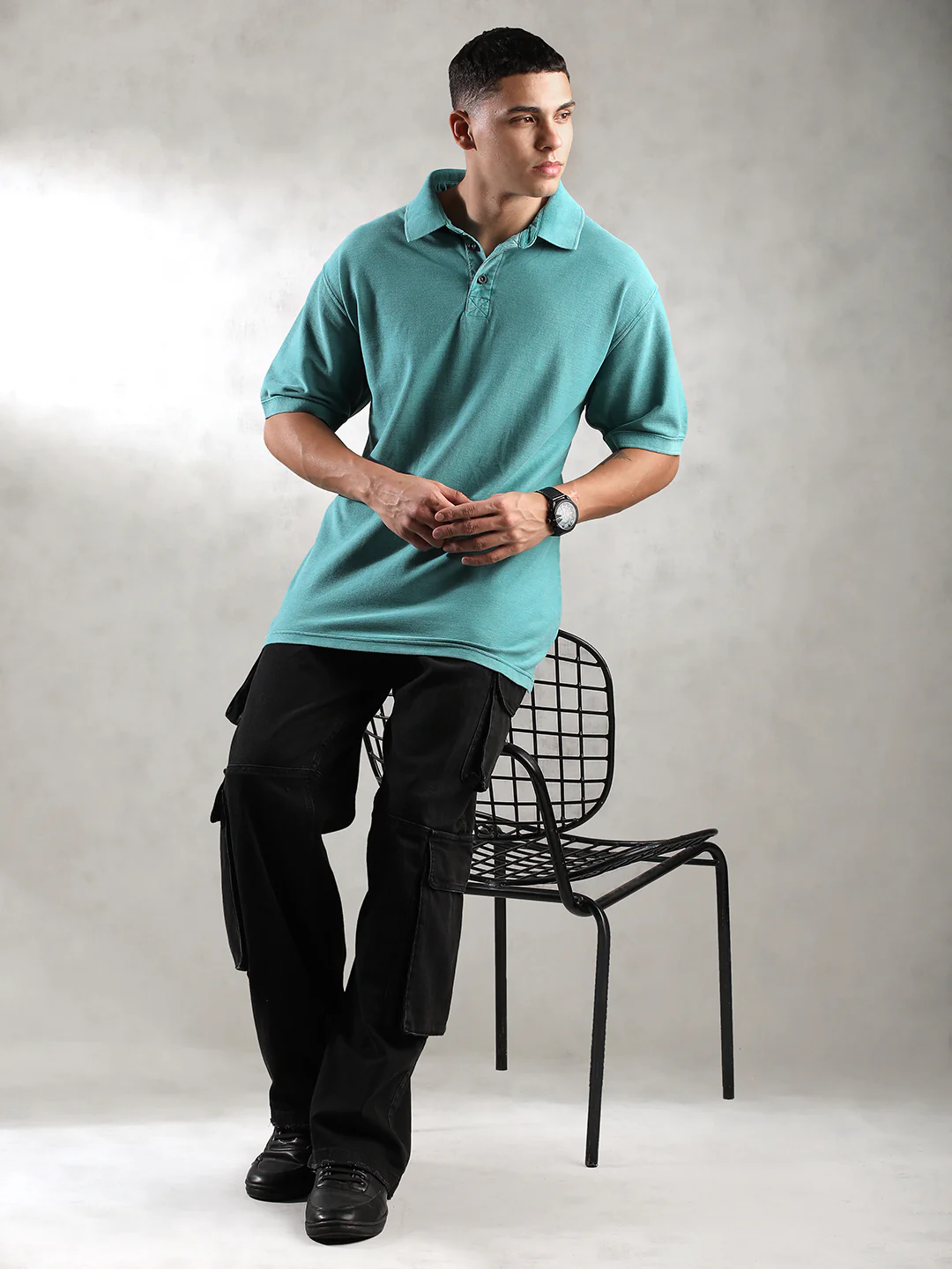 Men Teal Drop Shoulder Oversize Polo T-Shirt - Image 2
