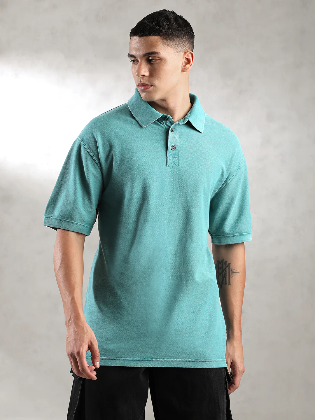 Men Teal Drop Shoulder Oversize Polo T-Shirt - Image 3
