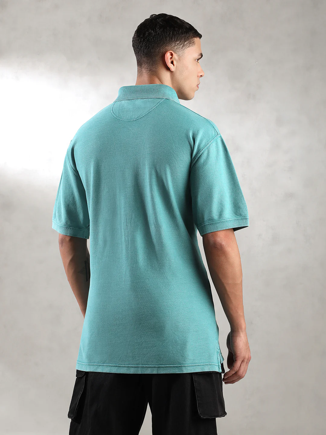 Men Teal Drop Shoulder Oversize Polo T-Shirt - Image 4