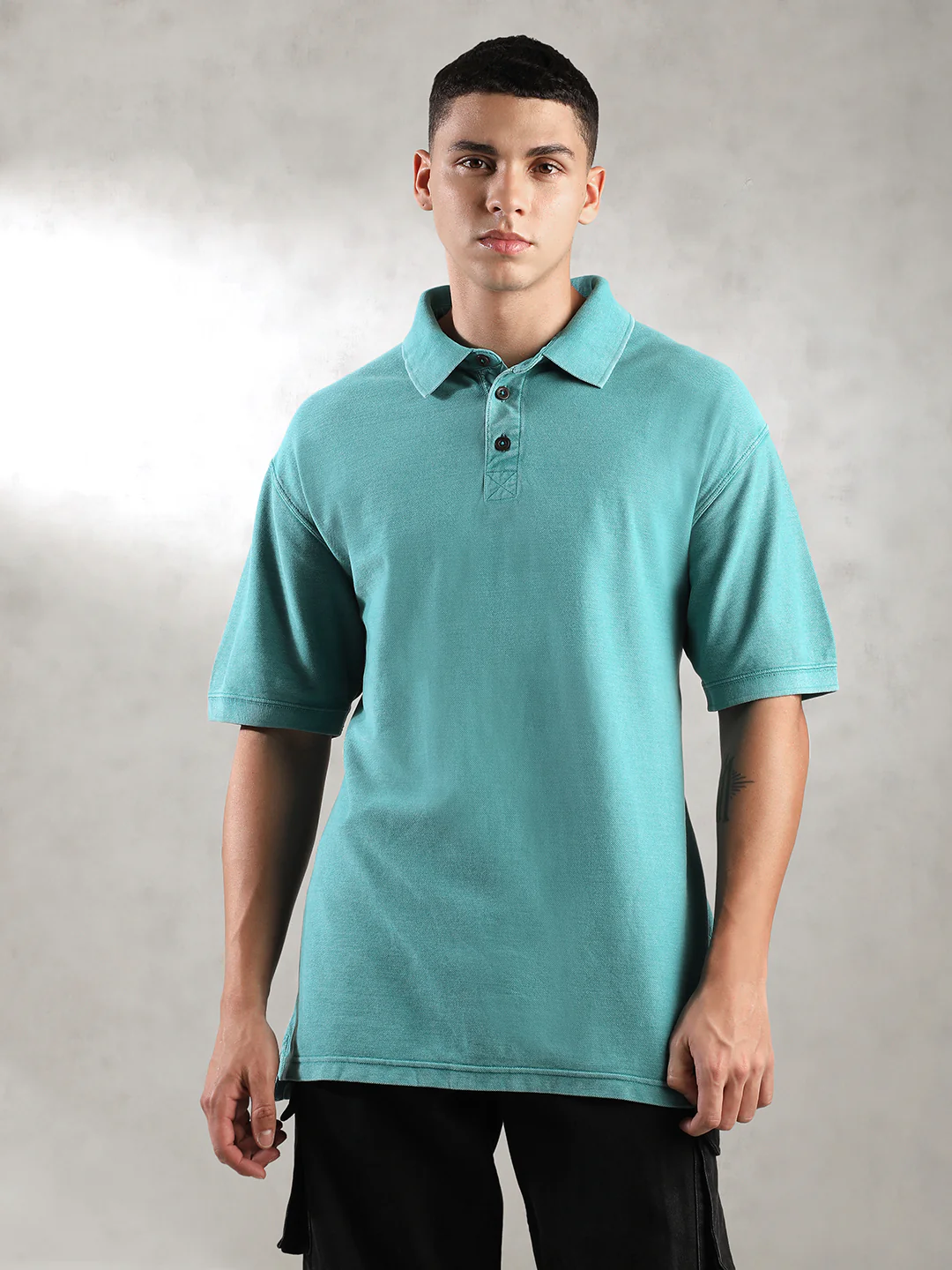 Men Teal Drop Shoulder Oversize Polo T-Shirt - Image 5