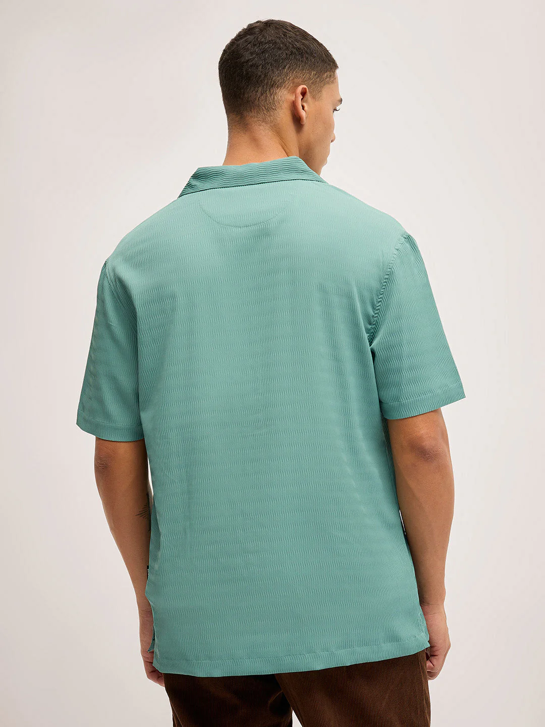 Men Teal Self Design Regular Fit Casual Shirt - Image 2