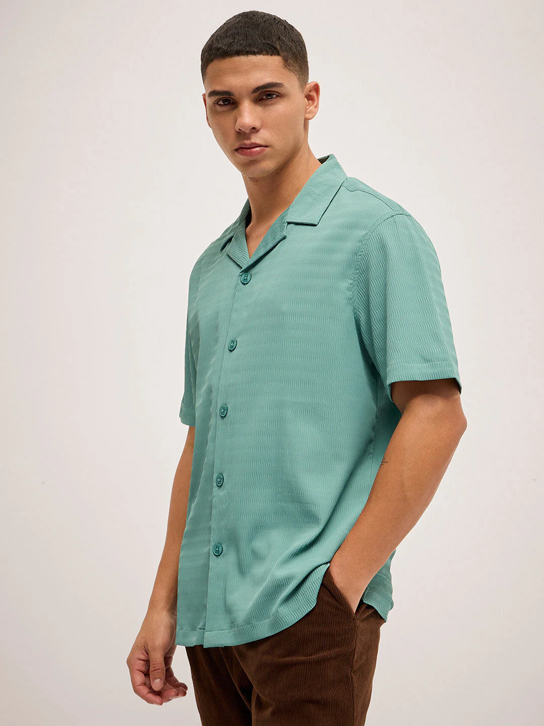 Men Teal Self Design Regular Fit Casual Shirt - Image 3