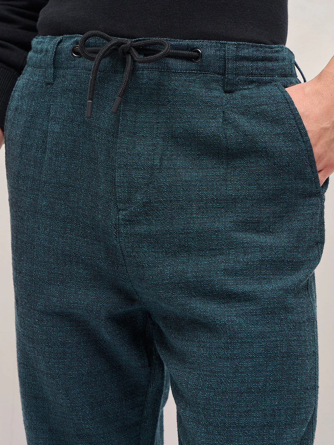 Men Teal Self Design Tapered Fit Elasticated Waist Casual Trouser - Image 5