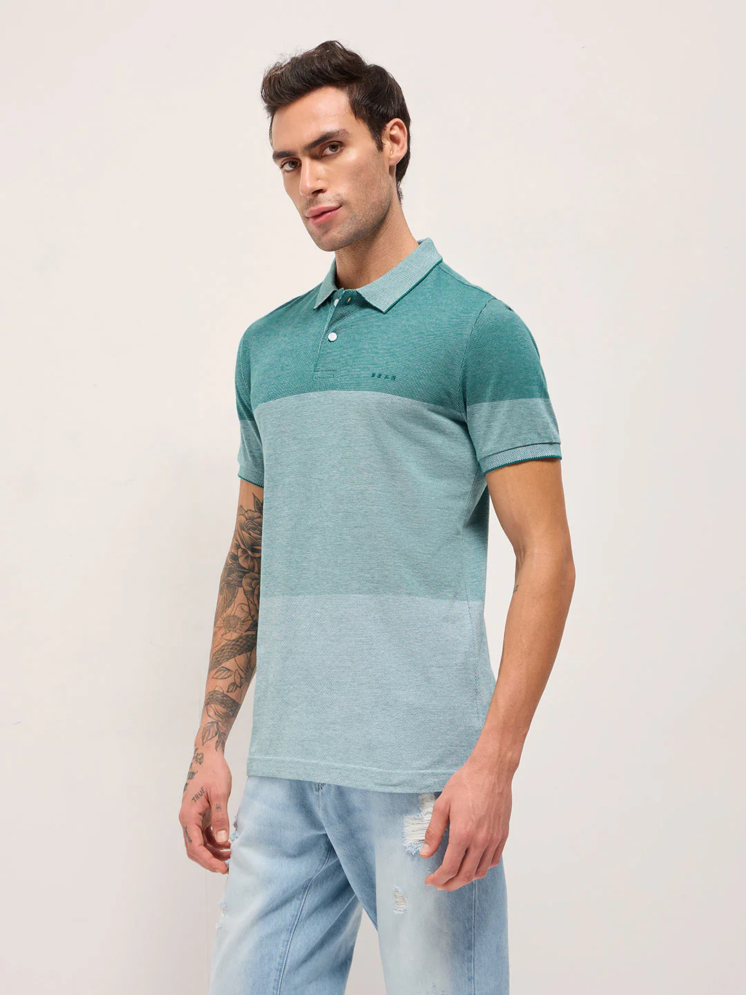 Men Teal Slim Fit Polo - Image 3