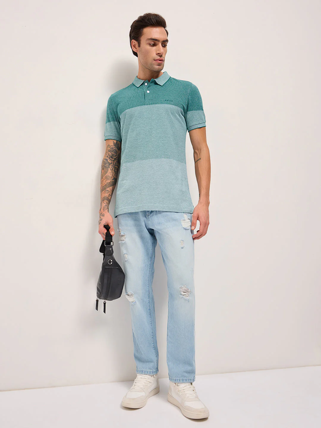 Men Teal Slim Fit Polo - Image 4