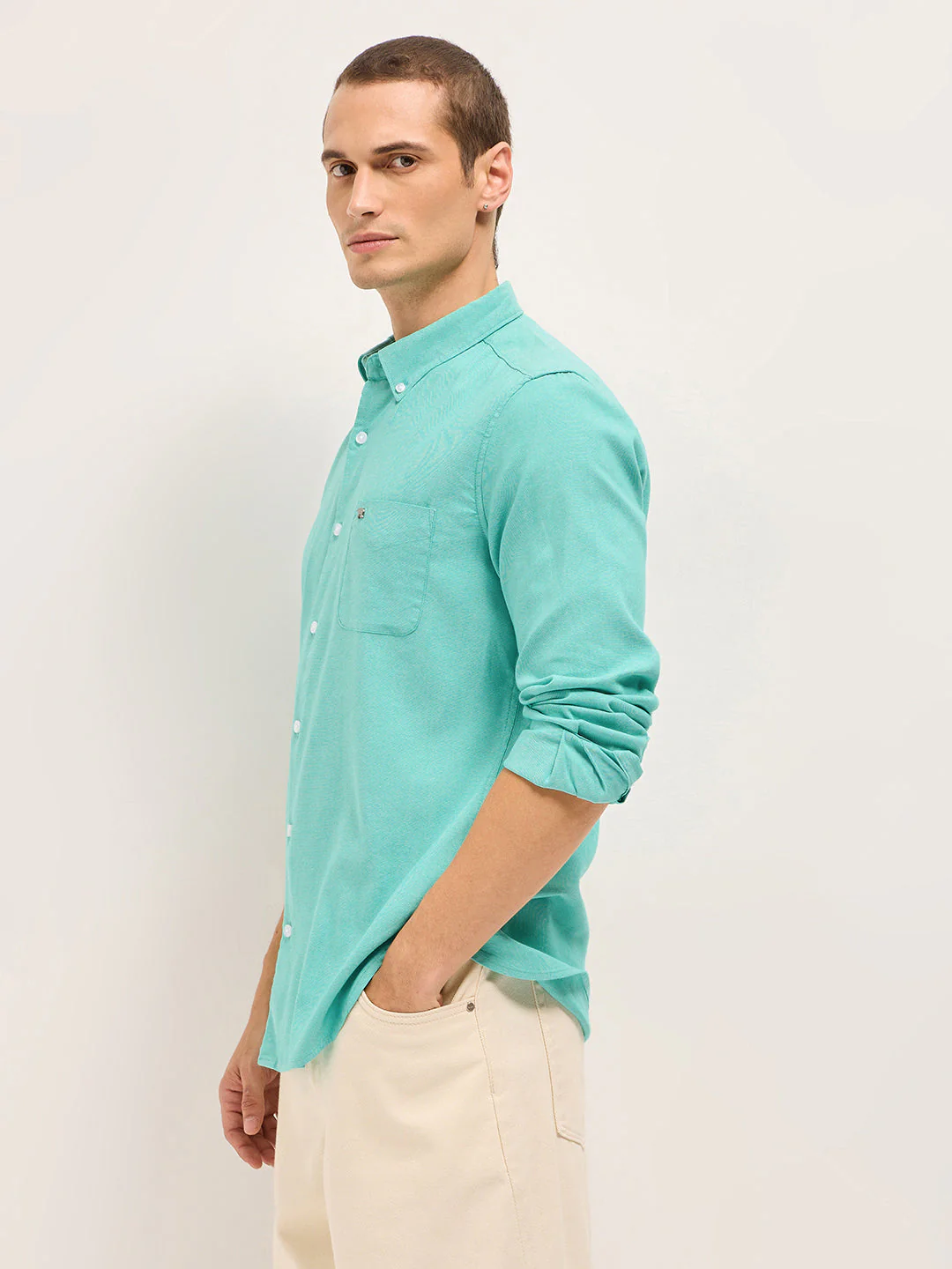 Men Teal Solid Cotton Blend Slim Fit Casual Shirt - Image 3