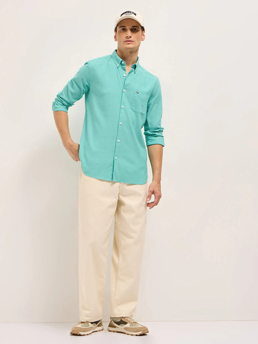 Men Teal Solid Cotton Blend Slim Fit Casual Shirt - Image 4
