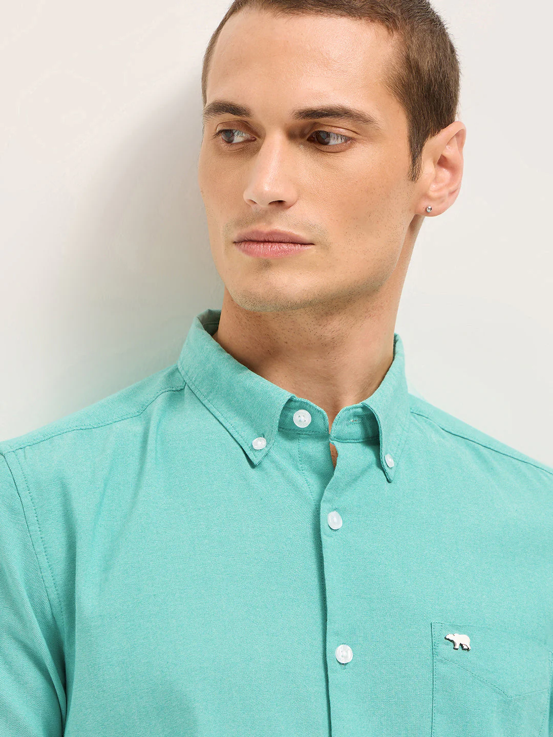 Men Teal Solid Cotton Blend Slim Fit Casual Shirt - Image 5