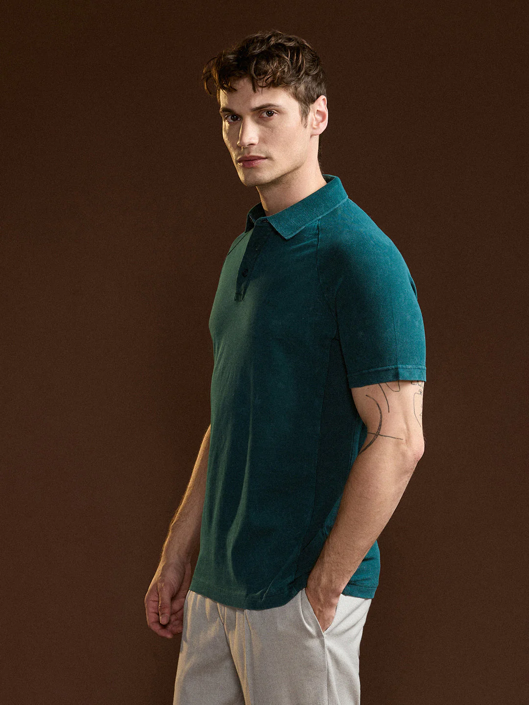 Men Teal Solid Regular Fit Polo Collar T-shirt - Image 3