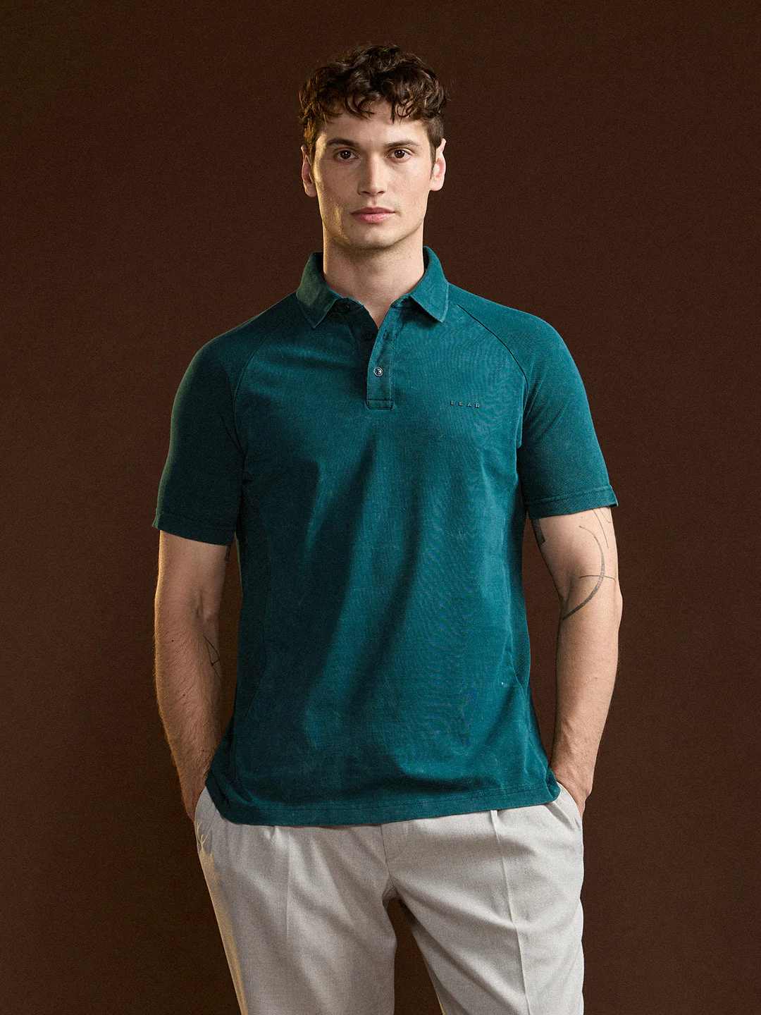 Men Teal Solid Regular Fit Polo Collar T-shirt - Image 6