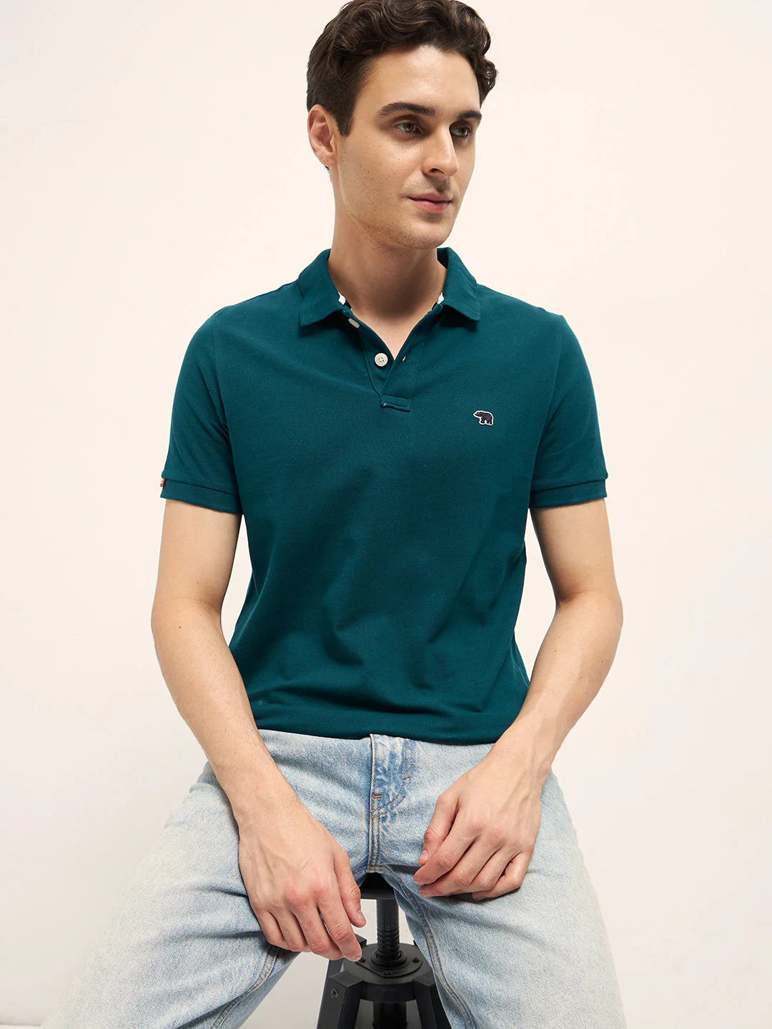 Men Teal Solid Regular Fit Polo