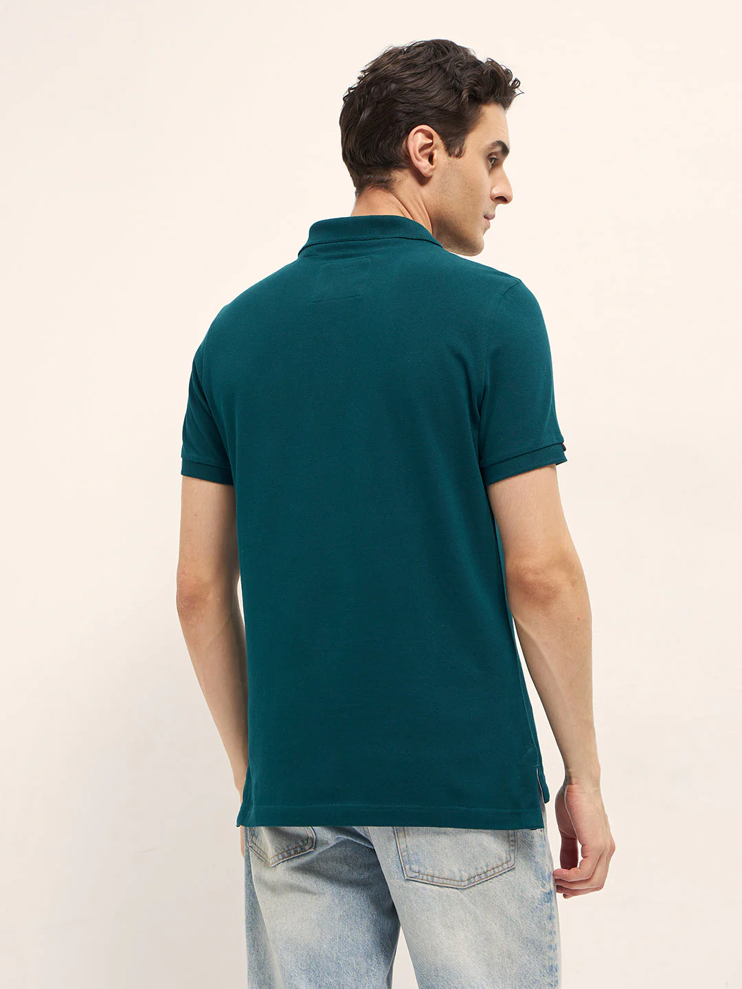 Men Teal Solid Regular Fit Polo - Image 2