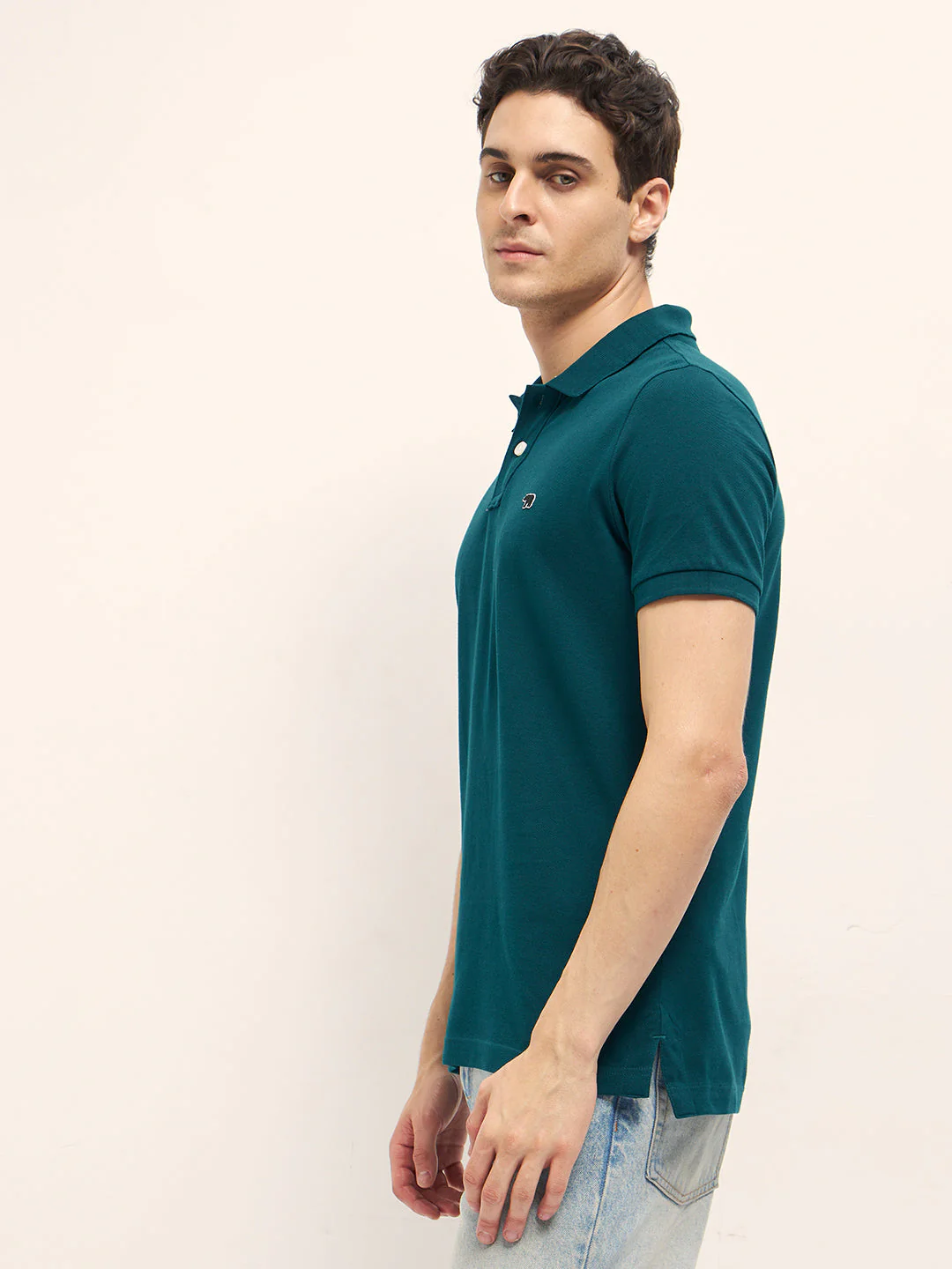 Men Teal Solid Regular Fit Polo - Image 3
