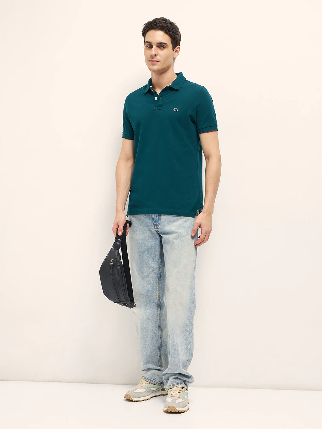 Men Teal Solid Regular Fit Polo - Image 4