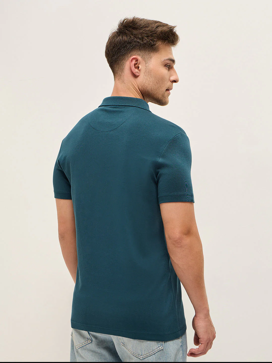Men Teal Solid Regular Fit Polo T-shirt - Image 2