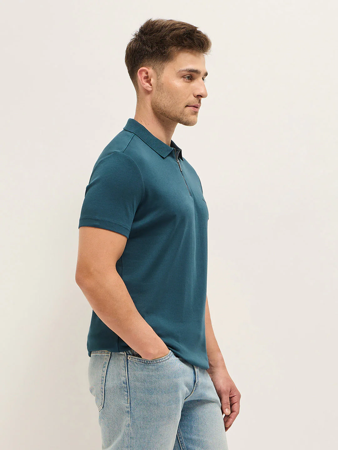 Men Teal Solid Regular Fit Polo T-shirt - Image 3