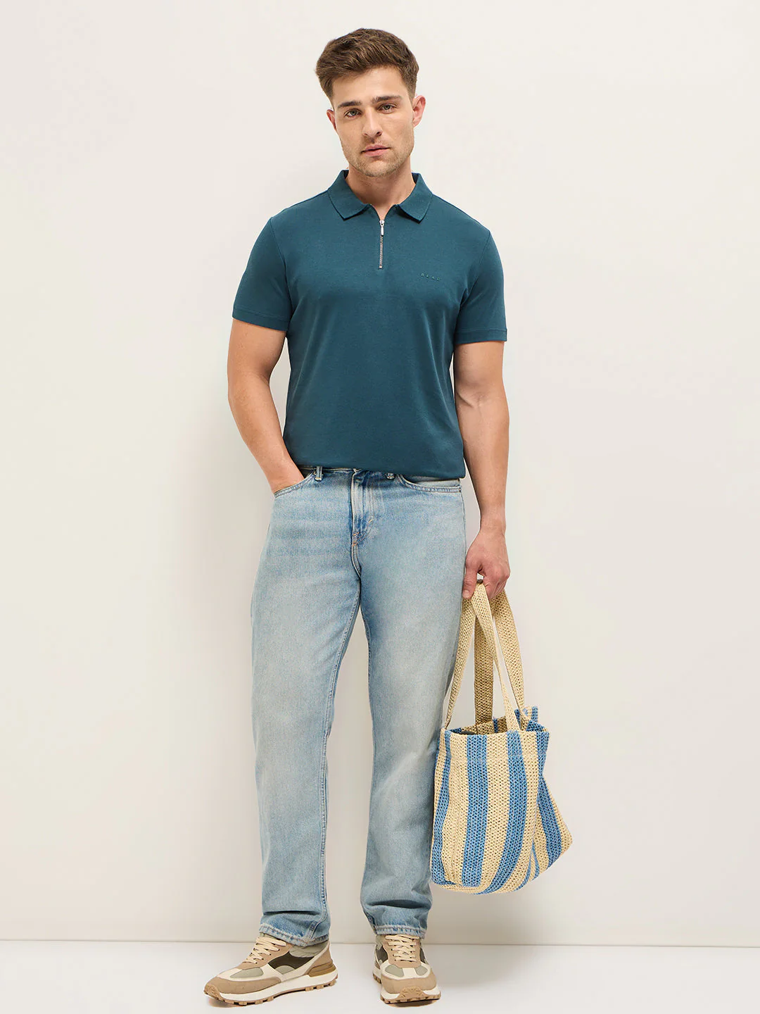 Men Teal Solid Regular Fit Polo T-shirt - Image 4