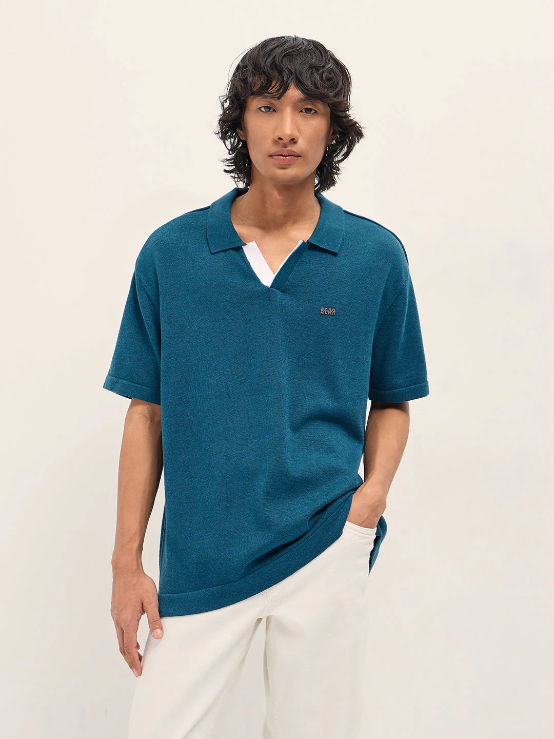 Men Teal Solid Relaxed Fit Polo - Image 6