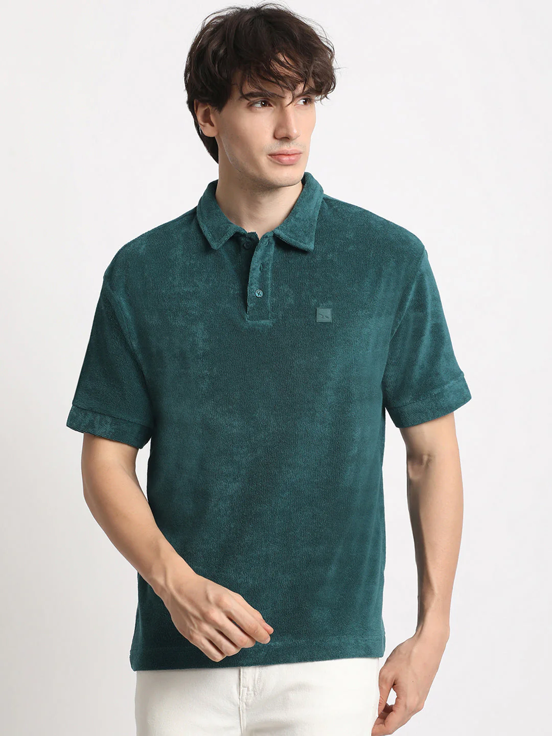 Men  Teal Solid Relaxed Fit Polo T-shirt - Image 2
