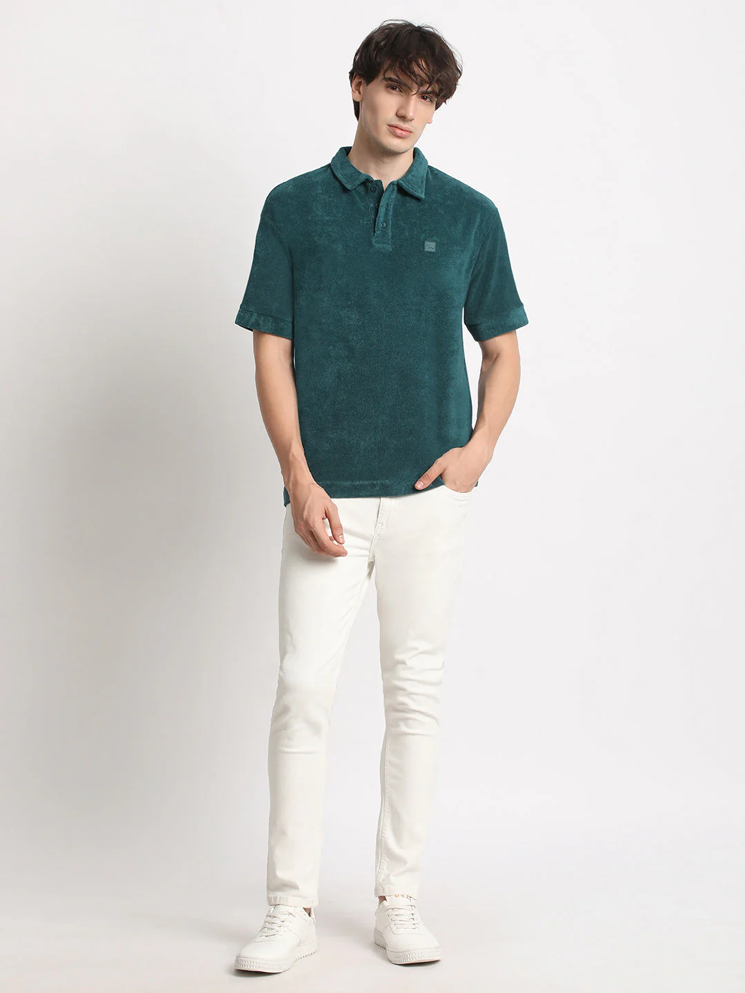 Men  Teal Solid Relaxed Fit Polo T-shirt - Image 5