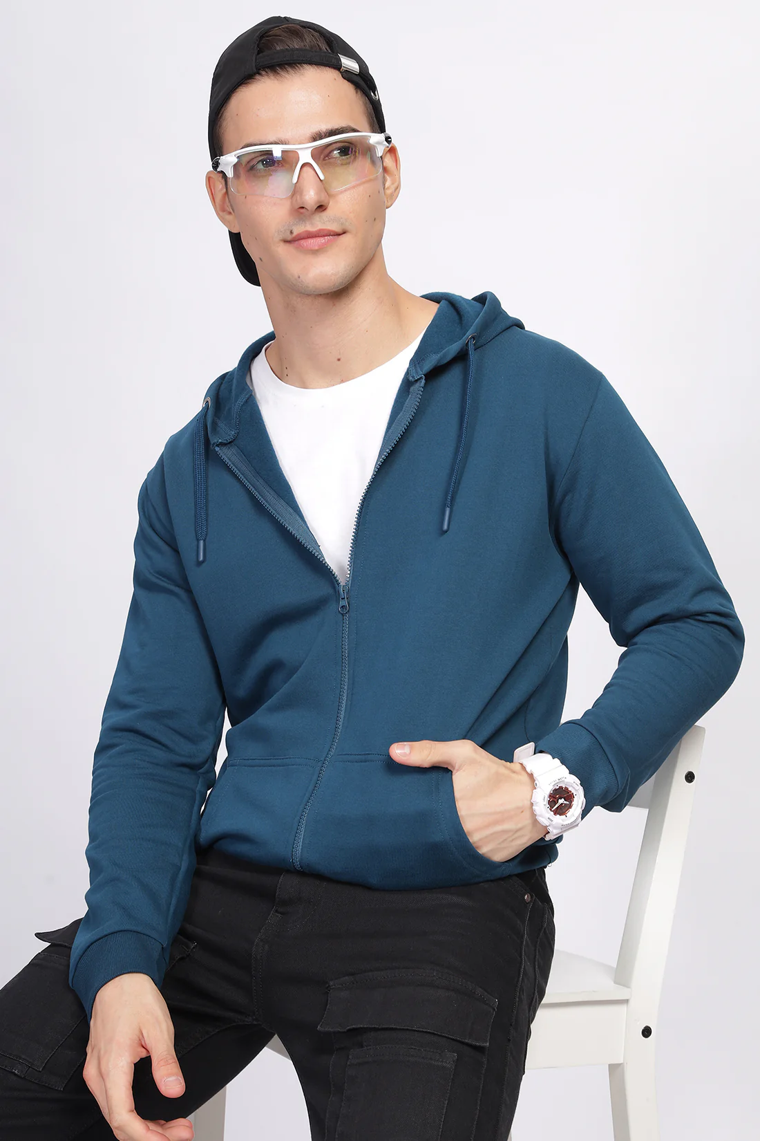 Men Teal Sweatshirt With Zipper Hoodies - Image 4