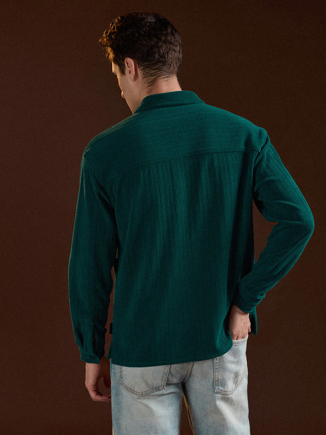 Men Teal Texture Pattern Relaxed Fit Overshirt - Image 2