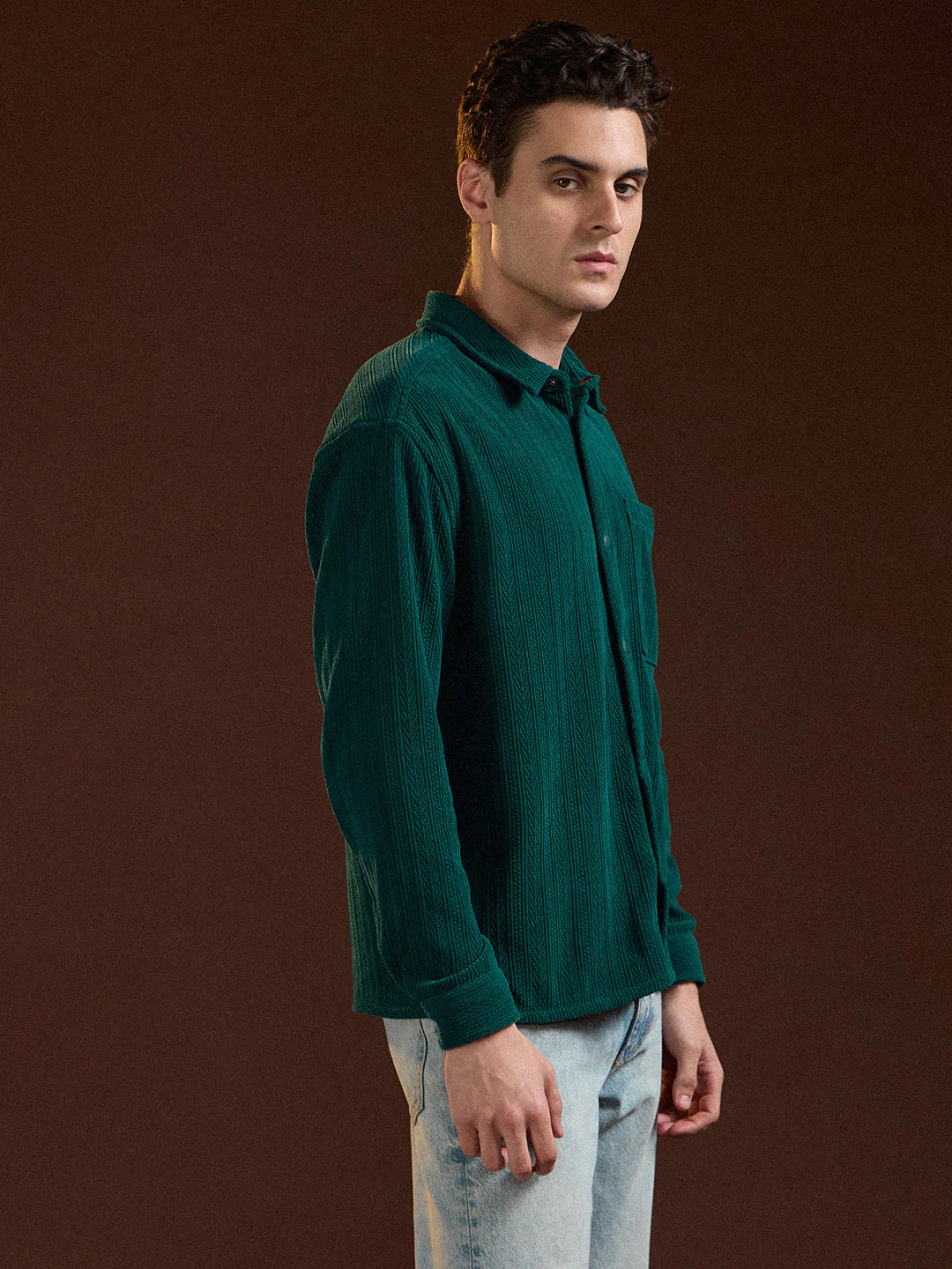 Men Teal Texture Pattern Relaxed Fit Overshirt - Image 3