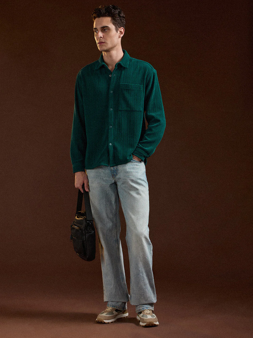 Men Teal Texture Pattern Relaxed Fit Overshirt - Image 4