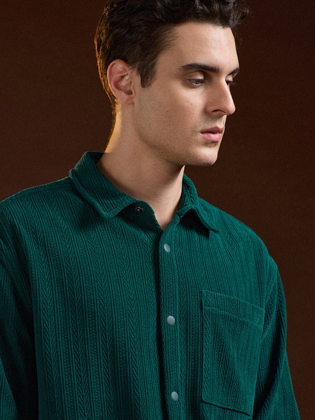 Men Teal Texture Pattern Relaxed Fit Overshirt - Image 5