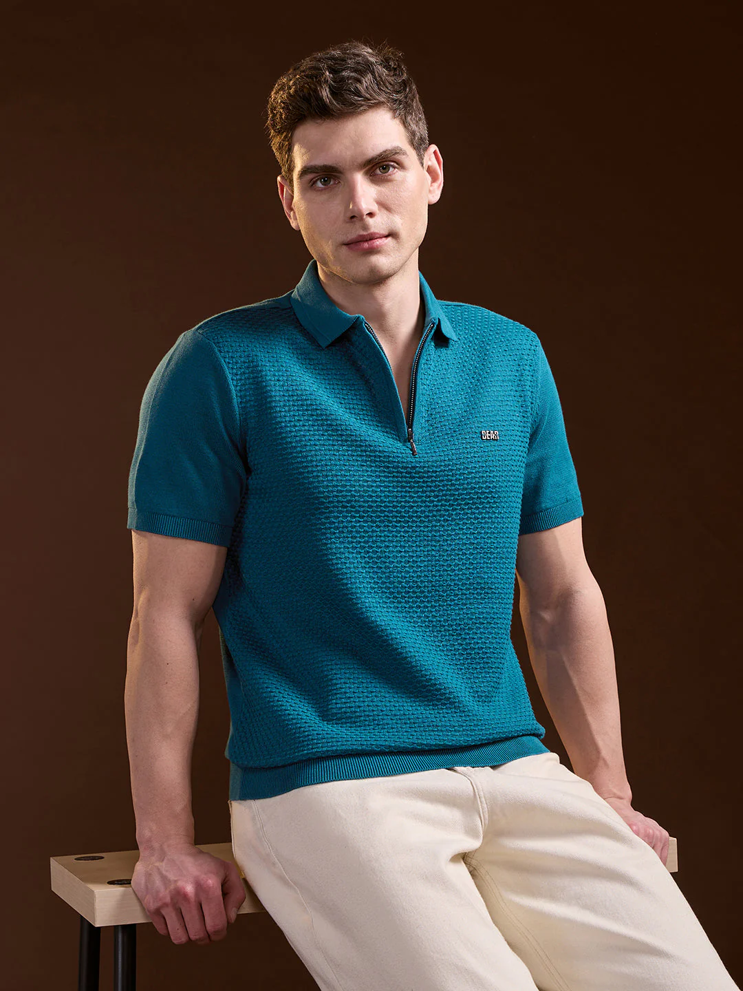 Men Teal Textured Knit Design Regular Fit Polo